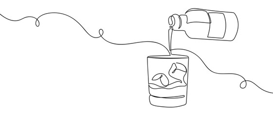 A single continuous line design of liquor being poured into a glass. simple linear style Editable stroke. Doodle vector illustration