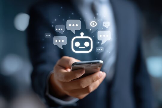 Chatbot Communication and Customer Service on Mobile Phone: Smart Artificial Intelligence and Technology Concept with Robot Icon and Speech Bubbles for Digital Marketing - Powered by Adobe