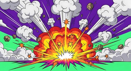 Explosive Comic Book Style Illustration with Debris and Smoke.