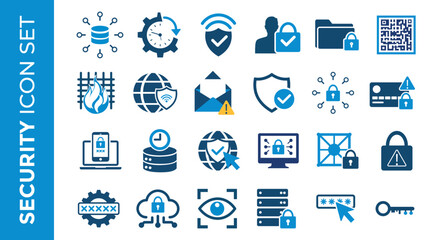 Cybersecurity and data protection icon set: shield, padlock, firewall, database, cloud, password, phishing alert, QR code, server, network vector pack