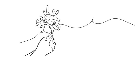 One continuous line design of a child's hand holding a flower. simple linear style Editable stroke. Doodle vector illustration