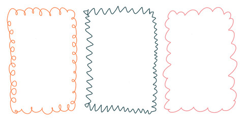 Three decorative frames with unique wavy and zigzag line styles, orange, blue, and pink borders on white background, abstract design elements for photo decoration or graphic layout