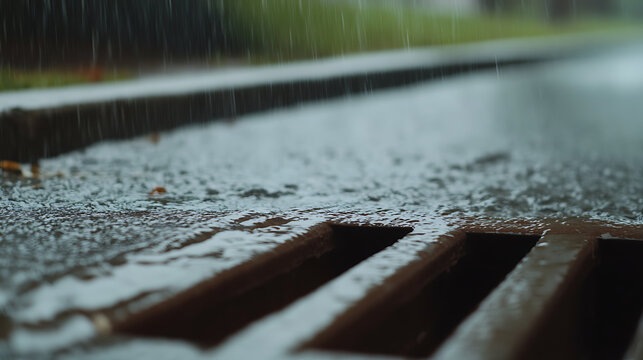 Rain falling on the street next to a storm drain. The rain is hitting the pavement. The storm drain is made of iron and is rusty. Water flowing into it. Overcast sky.