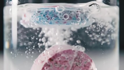 Closeup of a colorful effervescent tablet dissolving in a clear glass of water creating numerous bubbles and a cloudy solution showcasing a chemical reaction or a refreshing drink preparation. - Powered by Adobe