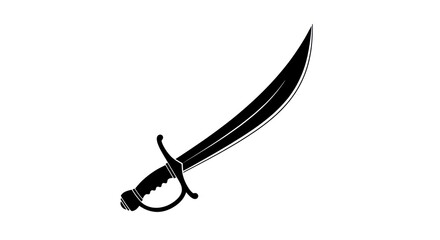 Fototapeta premium Black and white illustration of a pirate cutlass sword, a classic weapon with a curved blade and hilt, isolated on a clean white background.