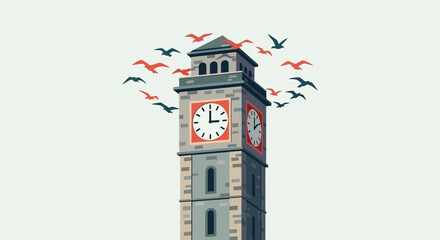 Clock Tower with Birds - A Timeless Architectural Marvel.