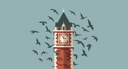 Clock Tower with Birds - A Timeless Architectural Scene.