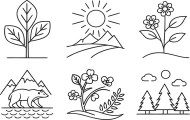 Vector illustration of a set of floral vector trees, icons, and design elements with a vintage sketch pattern