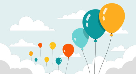 Colorful Balloons Floating in a Cloudy Sky.