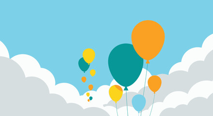 Colorful Balloons Floating in a Cloudy Blue Sky Illustration.