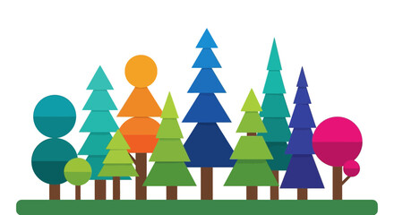 Colorful forest illustration with various tree shapes and colors.