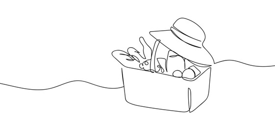 One continuous line design of a picnic basket and a big hat. simple linear style Editable stroke. Doodle vector illustration