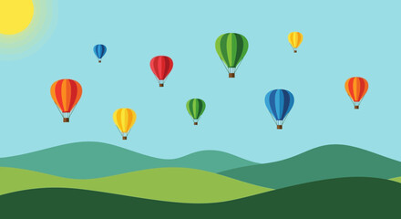 Colorful Hot Air Balloons Floating Over Green Hills.