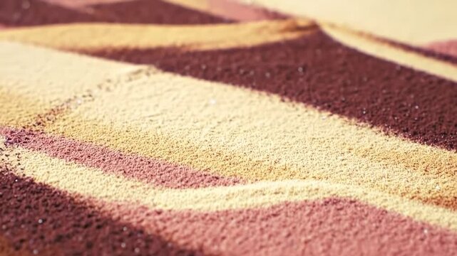 Closeup of a paintbrush creating a vibrant sand painting with intricate patterns and textures emerging from the colorful grains showcasing the delicate artistry and creative process in a serene setti.