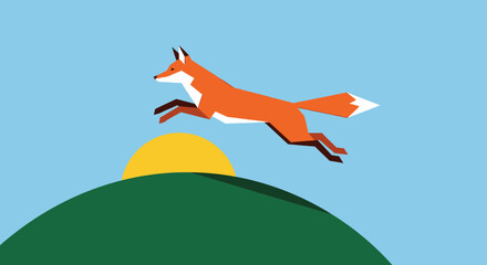 Fox Leaping Over Hill in Minimalist Illustration.