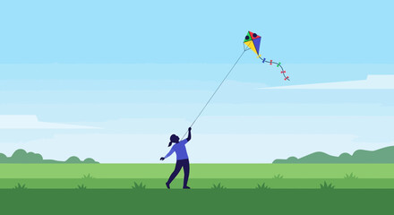 Girl flying a kite in a green field.