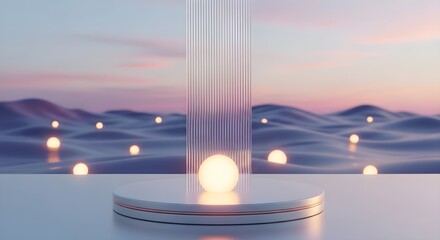 Futuristic abstract light beam energy vortex illuminating glowing orbs in serene digital landscape