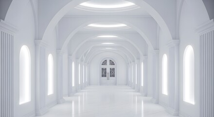 Fototapeta premium Symmetrical modern hallway architecture illuminated with ambient light perspective architectural design