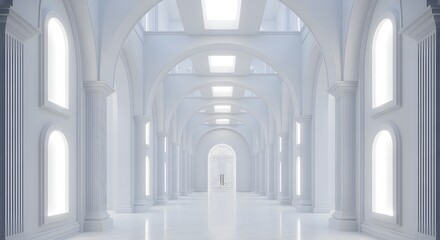 Expansive and luminous ethereal architectural corridor with high arches and soft light creating a serene atmosphere