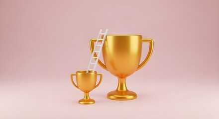 Two shiny golden trophy cups for achievement and victory on a soft pink background