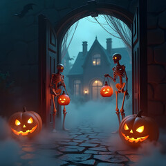 Two skeletons greet visitors on a spooky Halloween night, holding lit jack-o'-lanterns. Additional pumpkins line the cobblestone path, leading to a haunted house.