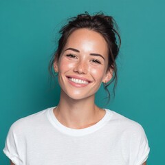 Close up of a young adult 30s age woman smiling and wearing a white t-shirt on a turquoise background. Healthy face skin care beauty, skincare cosmetics, dental.