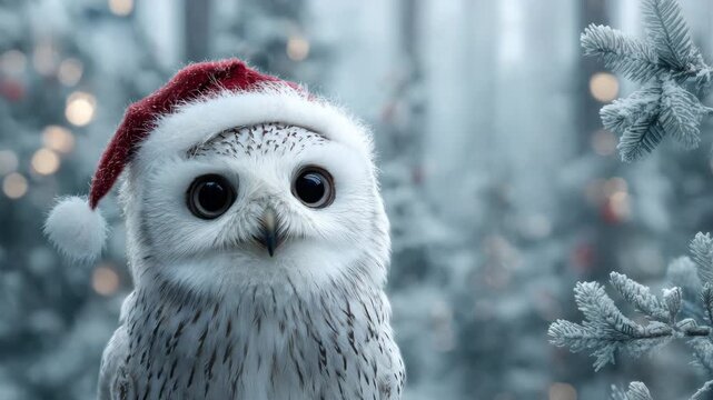 cute owl with festive christmas hat in winter wonderland animation