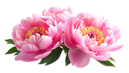 Cluster of three large, bright pink peony flowers with yellow centers and few green leaves isolated on black background