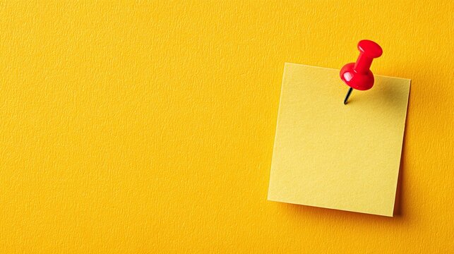 Yellow adhesive note attached to a yellow surface with a red pushpin. Perfect for reminders and notices, with ample copy space.