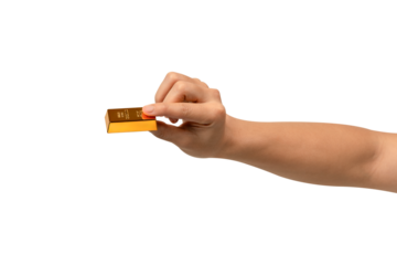 A hand holding a gold bar, isolated on a transparent PNG. This concept is suitable for themes such as gold trading, business, finance, investment, the stock market, wealth, lifestyle and advertising.	