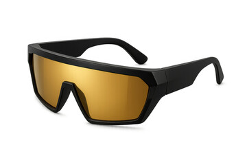 Sporty fashion sunglasses with black frame and golden visor lens, a futuristic eyewear accessory on transparent background