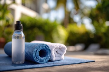 Fitness essentials rolled blue yoga mat, clear water bottle, white towel on a mat outdoors