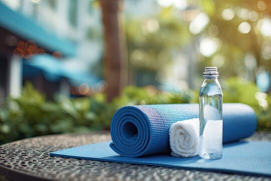 Yoga mat, water bottle, and towel on a table outdoors for a wellness routine - Powered by Adobe