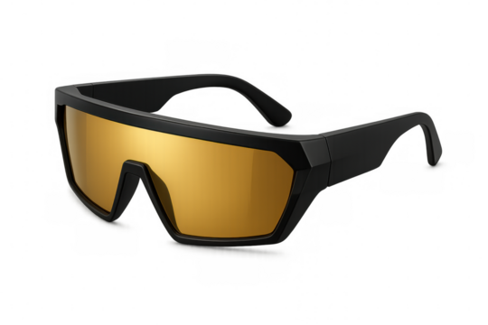 Sporty fashion sunglasses with black frame and golden visor lens, a futuristic eyewear accessory on transparent background
