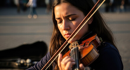 Close-up of Female Street Musician Playing Violin at Sunset
