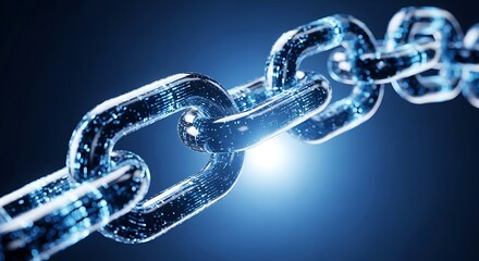 A glowing chain link on a dark blue background with bright light
