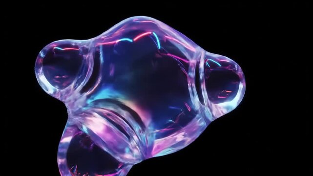 Abstract 3D animation of a morphing liquid glass blob with vibrant neon reflections creating a futuristic and dynamic visual effect on a dark background perfect for technology and artistic projects.