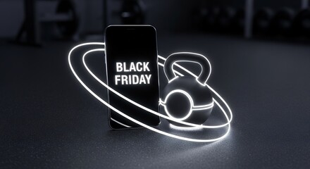 Black Friday fitness sale promo. Kettlebell and phone with 'Black Friday' text, glowing line around. Promotion for gyms, online training, workout programs.
