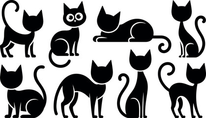 Collection of stylized black cat icons on a white background