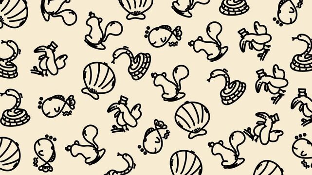 Playful animated marine pattern with cute shell and underwater elements, drawn in a simple line-art style on a soft beige backdrop