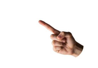 A hand pointing its index finger towards the left. The hand is in sharp focus, with the finger extended and directed towards the edge. The shot is set against a clean backdrop.