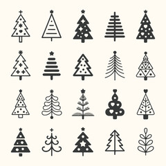 Obraz premium Vector art of collection of handdrawn christmas tree icons, isolated on a light background