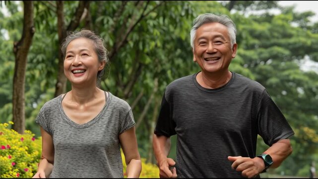 ジョギングする健康的な夫婦の動画