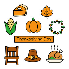 Flat thanksgiving vector icons including pumpkin, pie, turkey, leaf, corn, and hat. Warm fall color design for cards, posters, prints, and holiday decorations. Simple and cute seasonal illustration.