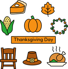Flat thanksgiving vector icons including pumpkin, pie, turkey, leaf, corn, and hat. Warm fall color design for cards, posters, prints, and holiday decorations. Simple and cute seasonal illustration.
