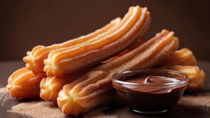 Indulge in delicious churros with rich chocolate dip, a tempting sweet treat for dessert lovers
