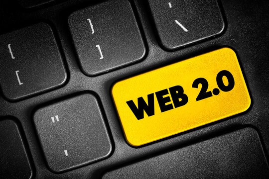 Web 2.0 - websites that emphasize user-generated content, ease of use, participatory culture and interoperability for end users, text button on keyboard, concept background