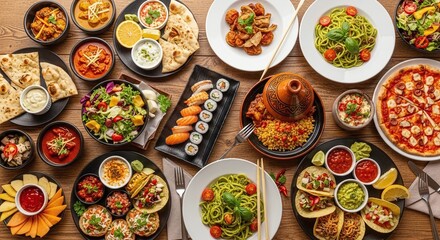 multiple world cuisines on wooden table