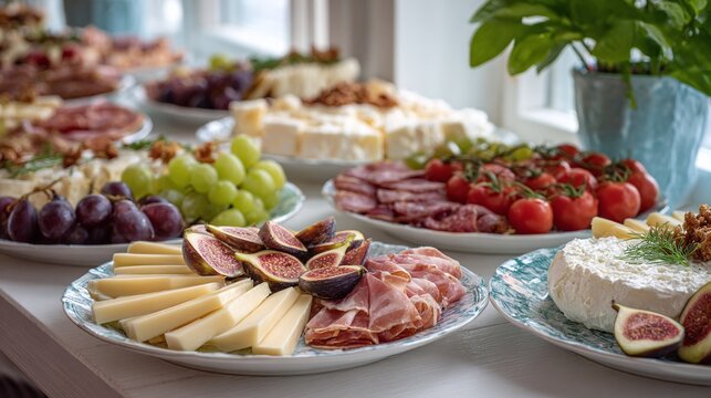 Lavish charcuterie: cheese slices, fresh figs, and cured meats arranged artfully on decorative plates, creating an inviting spread perfect for entertaining. - Powered by Adobe