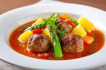 Hearty meatball stew with asparagus, potatoes, and carrots in a rich tomato sauce